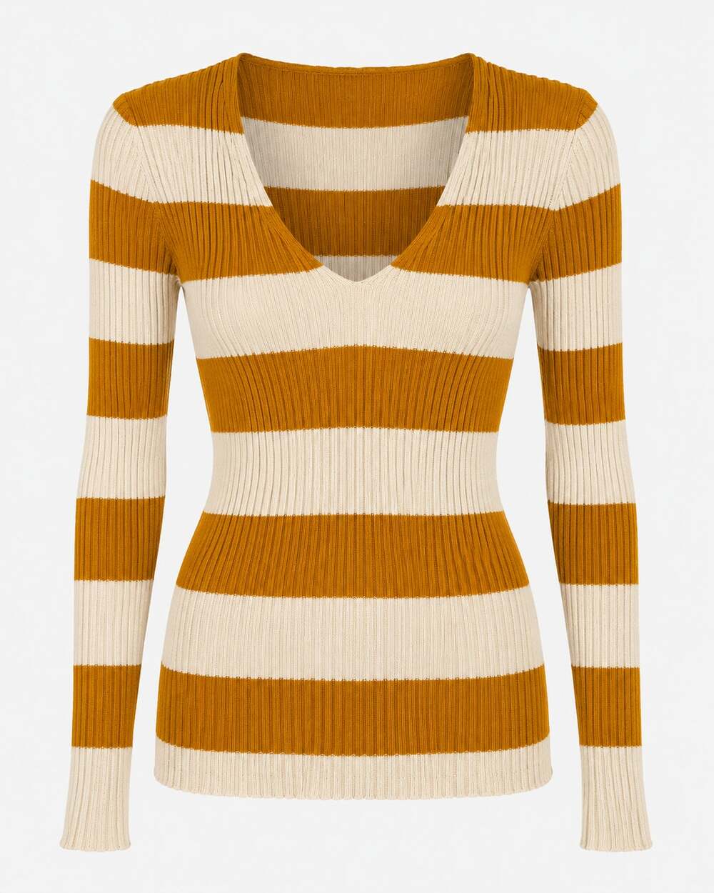 Roberto Collina Ribbed Stripe Knit Sweater Top Womens M V-Neck Mustard Cream